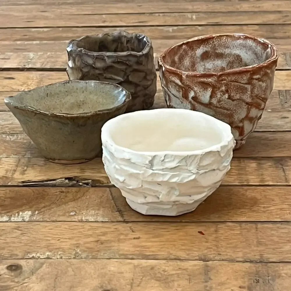 Organic Shape Handmade Textured Ceramic Bowls Set of 4 Rustic Earthy Tones
